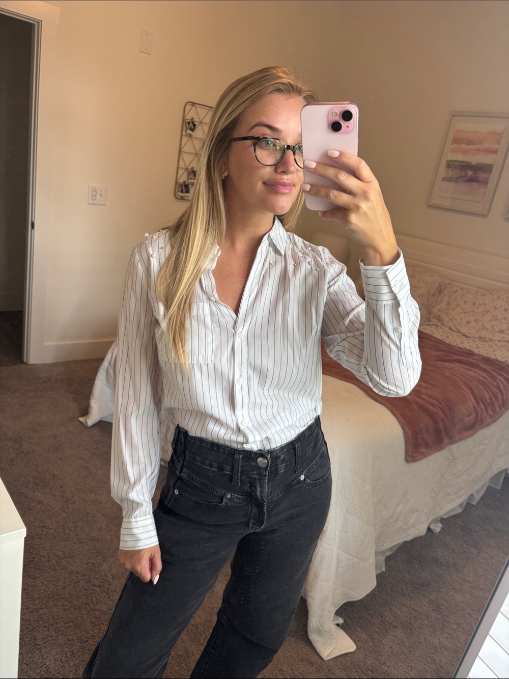 Apt. 9 White Button-Down Shirt with Black Pinstripes
